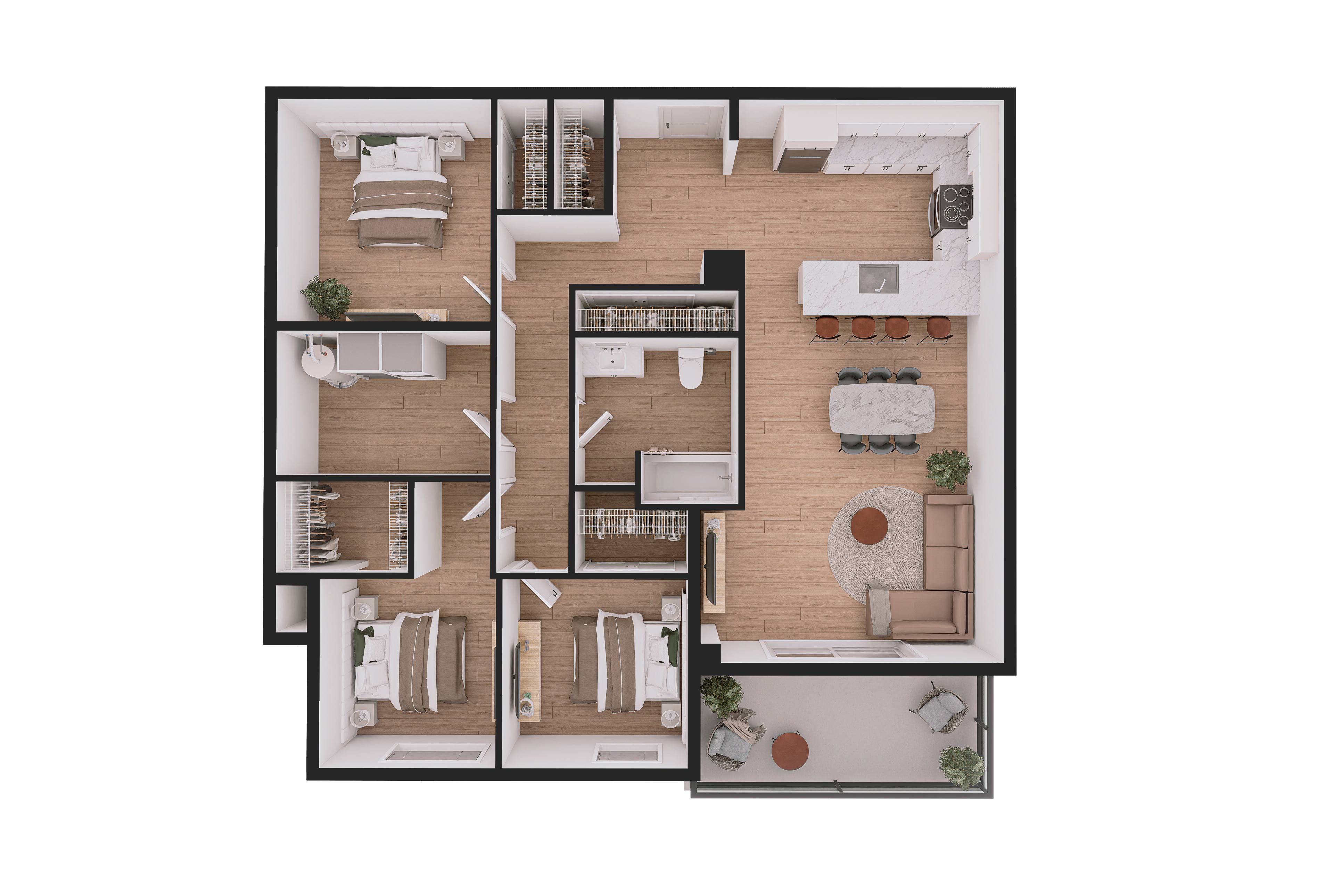 Floor plan for 3 beds, 1 bath, 1199 sqft